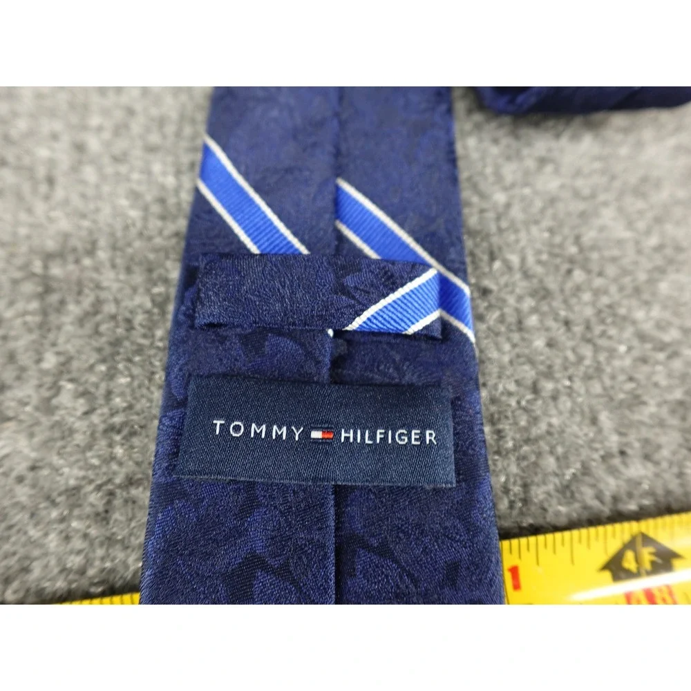 Tommy Hilfiger Necktie Mens One Size Navy Blue‎ Floral Striped Silk Blend
